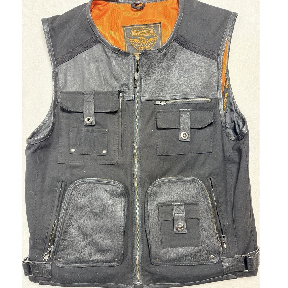 Milwaukee Performance Leather Mesh Motorcycle Vest Orange Lining Men Size M